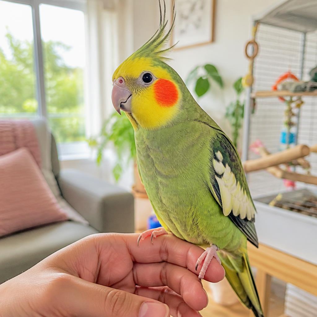 Green cockatiel perched on a hand during a bird sitting visit in Fort Smith, Arkansas