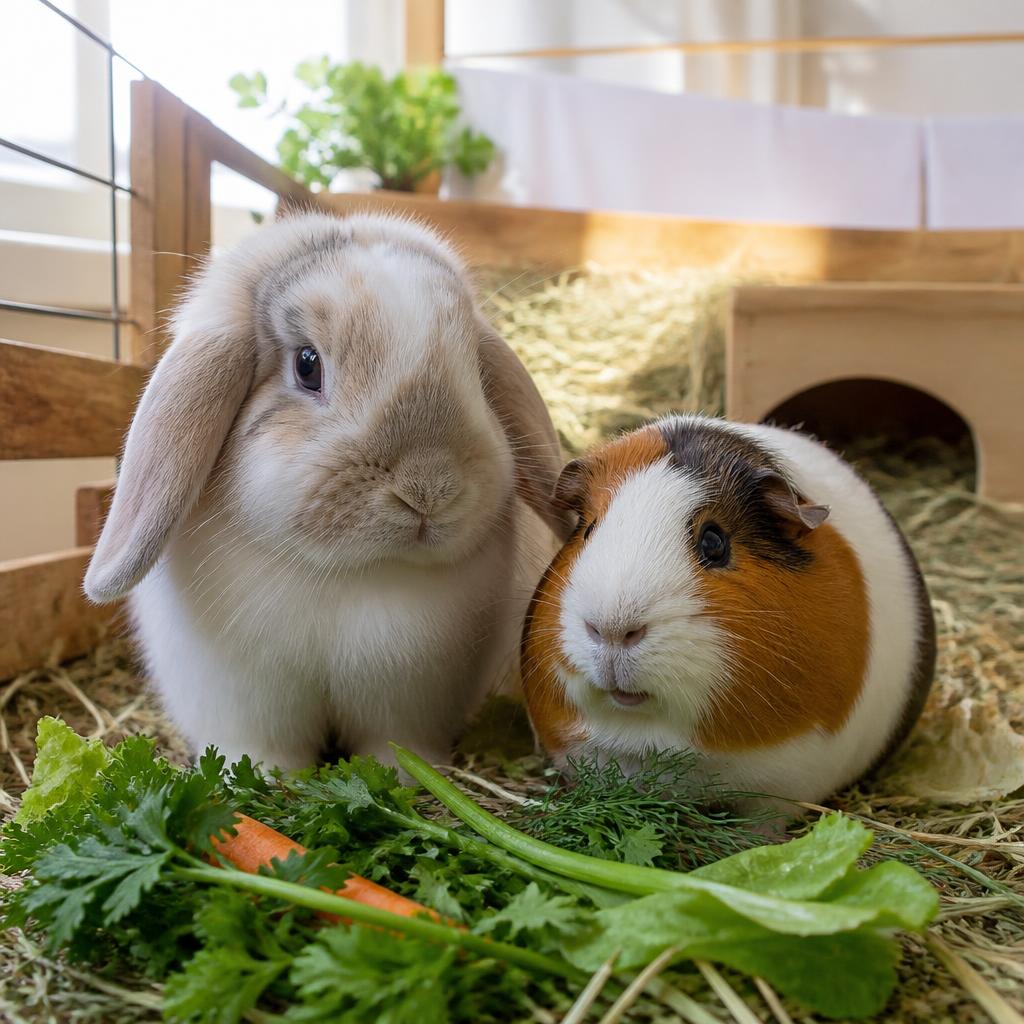 Rabbit and guinea pig in a hay-filled home pen during a small pet sitting visit in Fort Smith