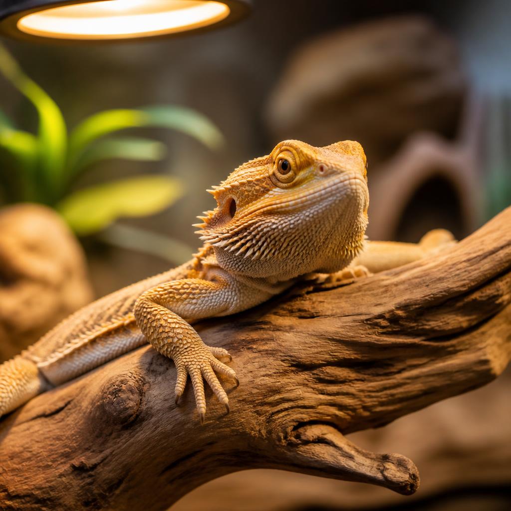 Bearded dragon basking under a heat lamp during a reptile sitting visit in Fort Smith, AR