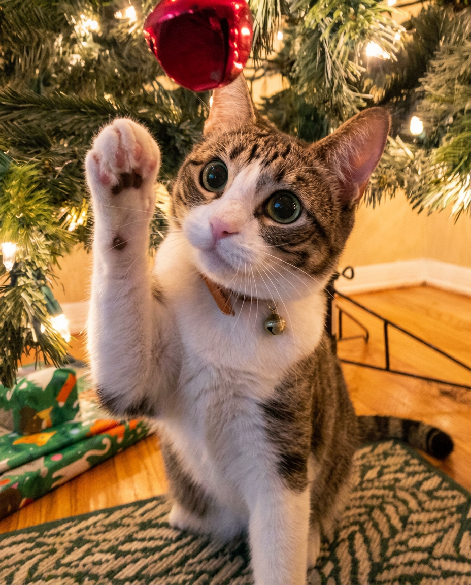 Playful tabby cat batting at a toy during a cat drop-in visit in Fort Smith, Arkansas