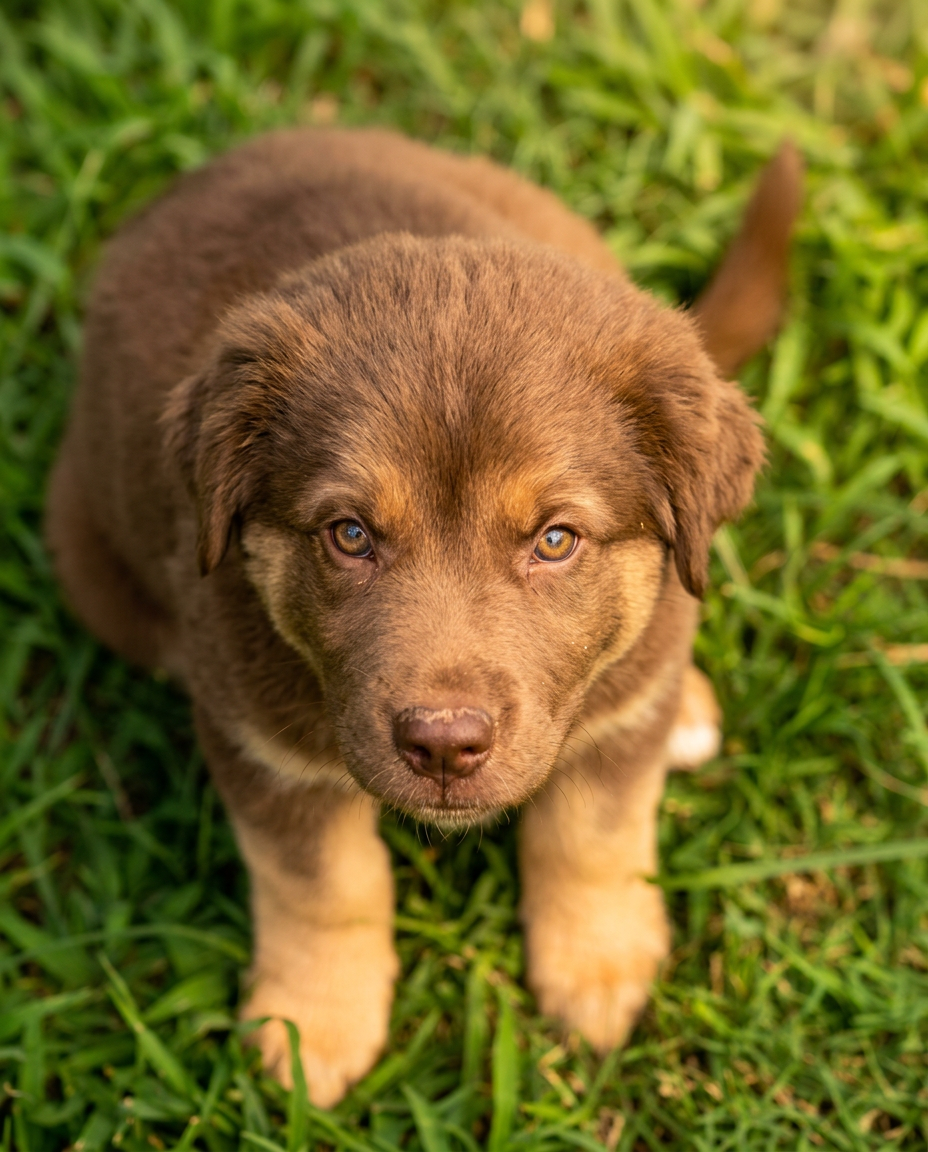 Brown puppy looking up from the grass during a dog walking visit with Fort Smith pet sitter Amari